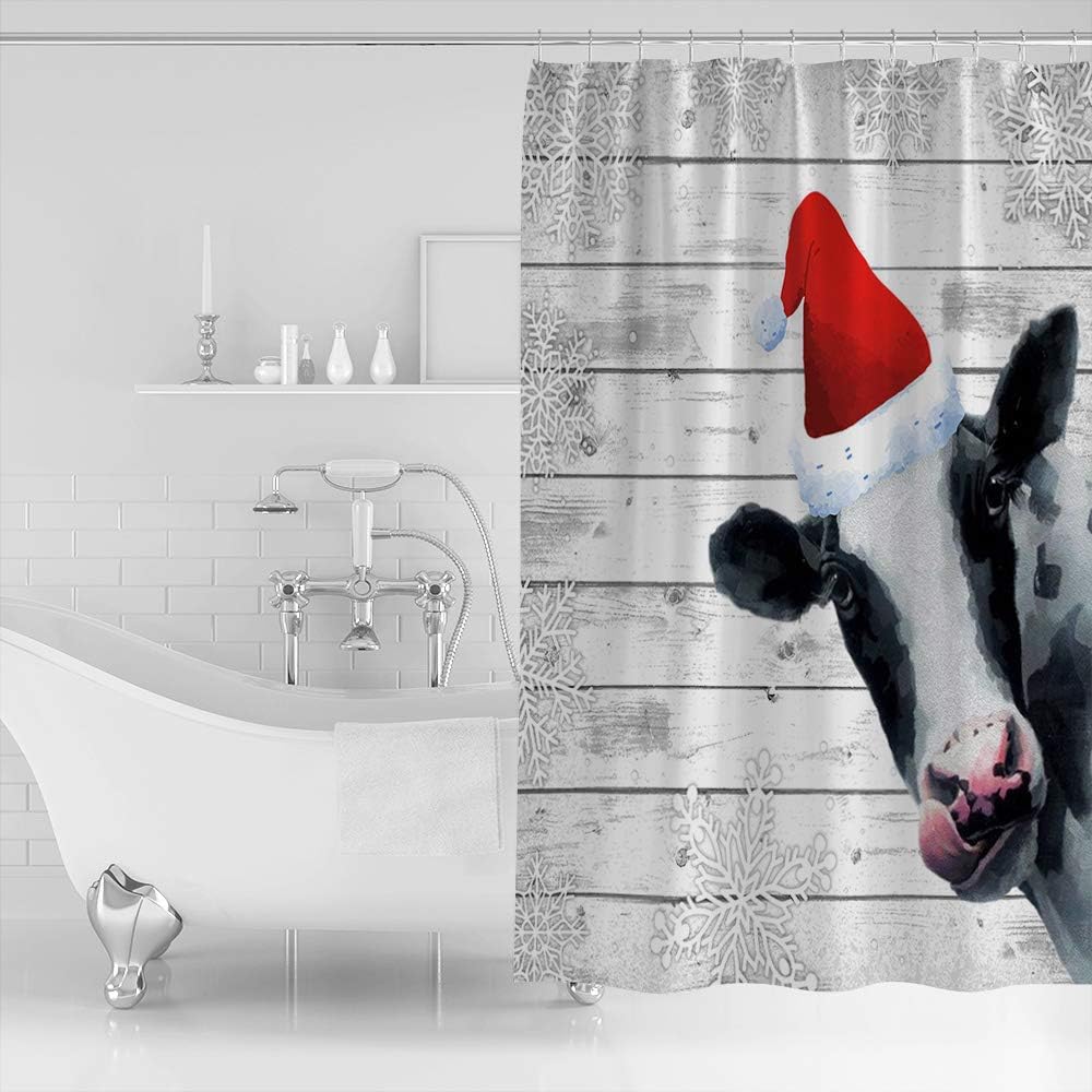 Farm Cow Shower Curtain | Christmas Dairy Animal Snowflake Bathroom Decor - Image 2