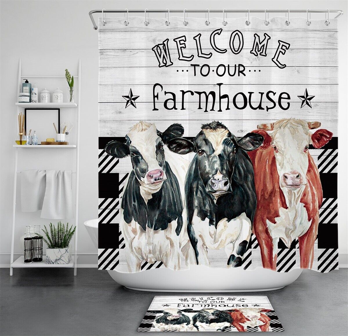 Farm Cow Shower Curtain - Vintage Farmhouse Bathroom Accessory