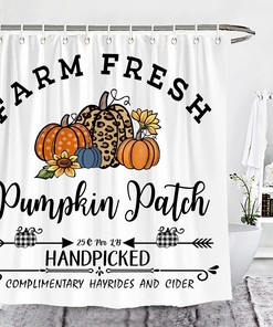 Farm Fresh Leopard Polka Dots Pumpkins Patch Shower Curtain - Fall Autumn Rustic Farmhouse Bathroom Decor by Wencal