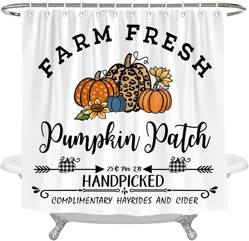 Farm Fresh Leopard Polka Dots Pumpkins Patch Shower Curtain - Fall Autumn Rustic Farmhouse Bathroom Decor by Wencal