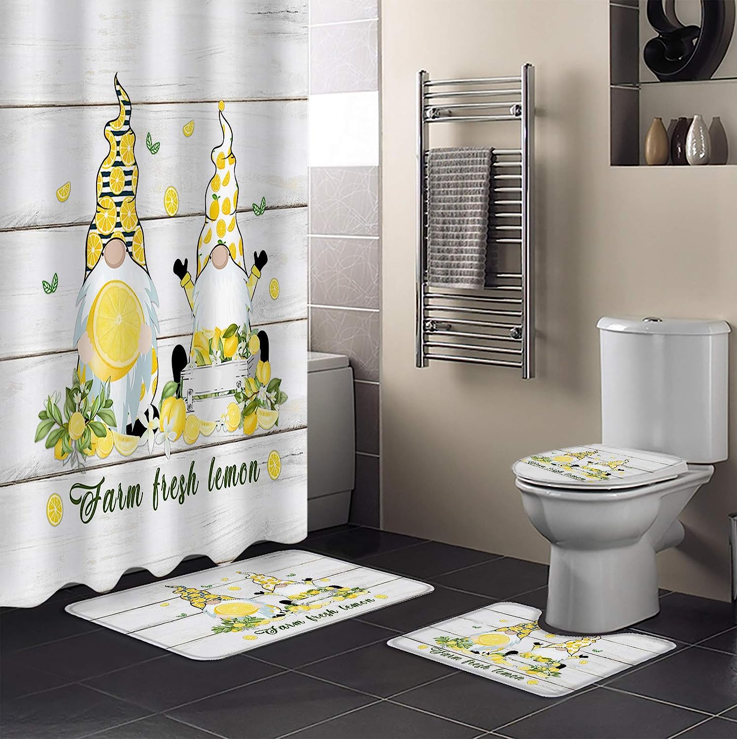 Farm Lemon Summer Fruit and Gnomes Travel Shower Curtain