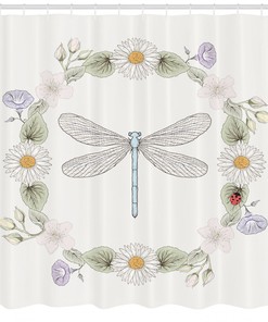 Farm Life Theme Dragonfly Print Shower Curtain for Bathroom - Vintage Bath Curtain with Retro Design