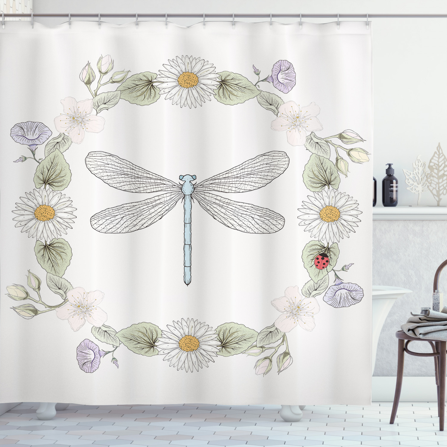 Farm Life Theme Dragonfly Print Shower Curtain for Bathroom - Vintage Bath Curtain with Retro Design