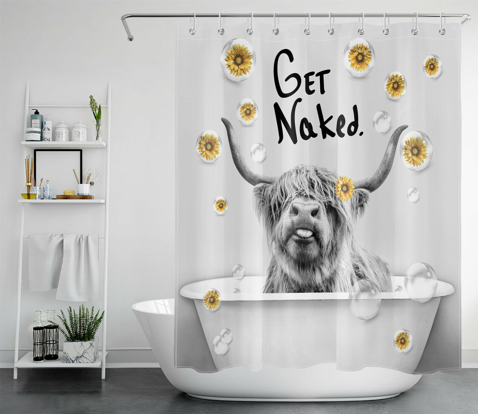 Farm Sunflower Bubbles Highland Cow Shower Curtain Funny Bathroom Bathtub