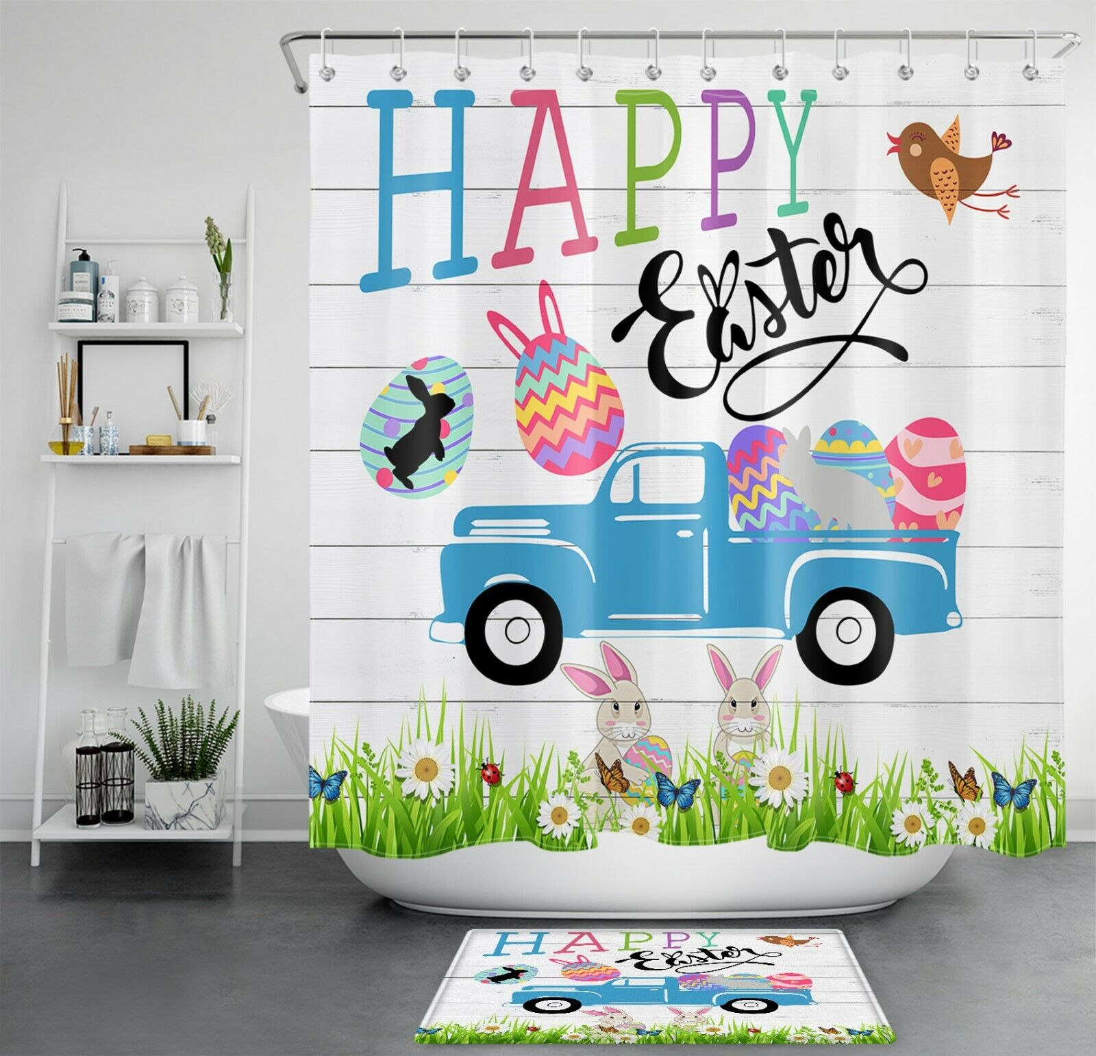 Farm Truck Delivering Easter Eggs With Unique Shower Curtains Design Bunny And Egg Shower Curtain