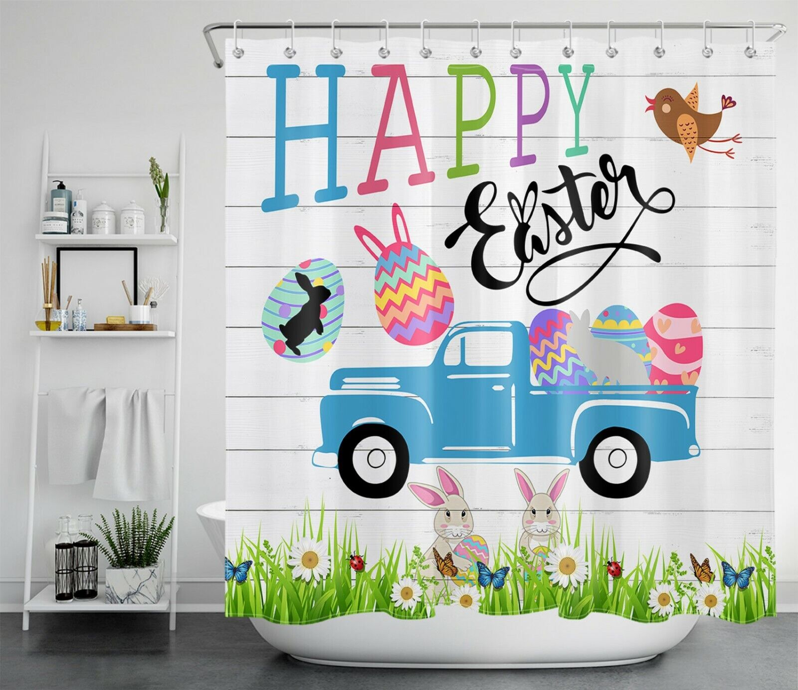 Farm Truck Delivering Easter Eggs With Unique Shower Curtains Design Bunny And Egg Shower Curtain