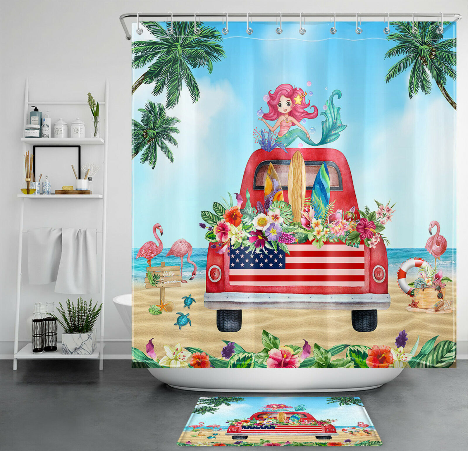 Farm Truck Flower Shower Curtain, Beachy And Fun Bathroom Decor