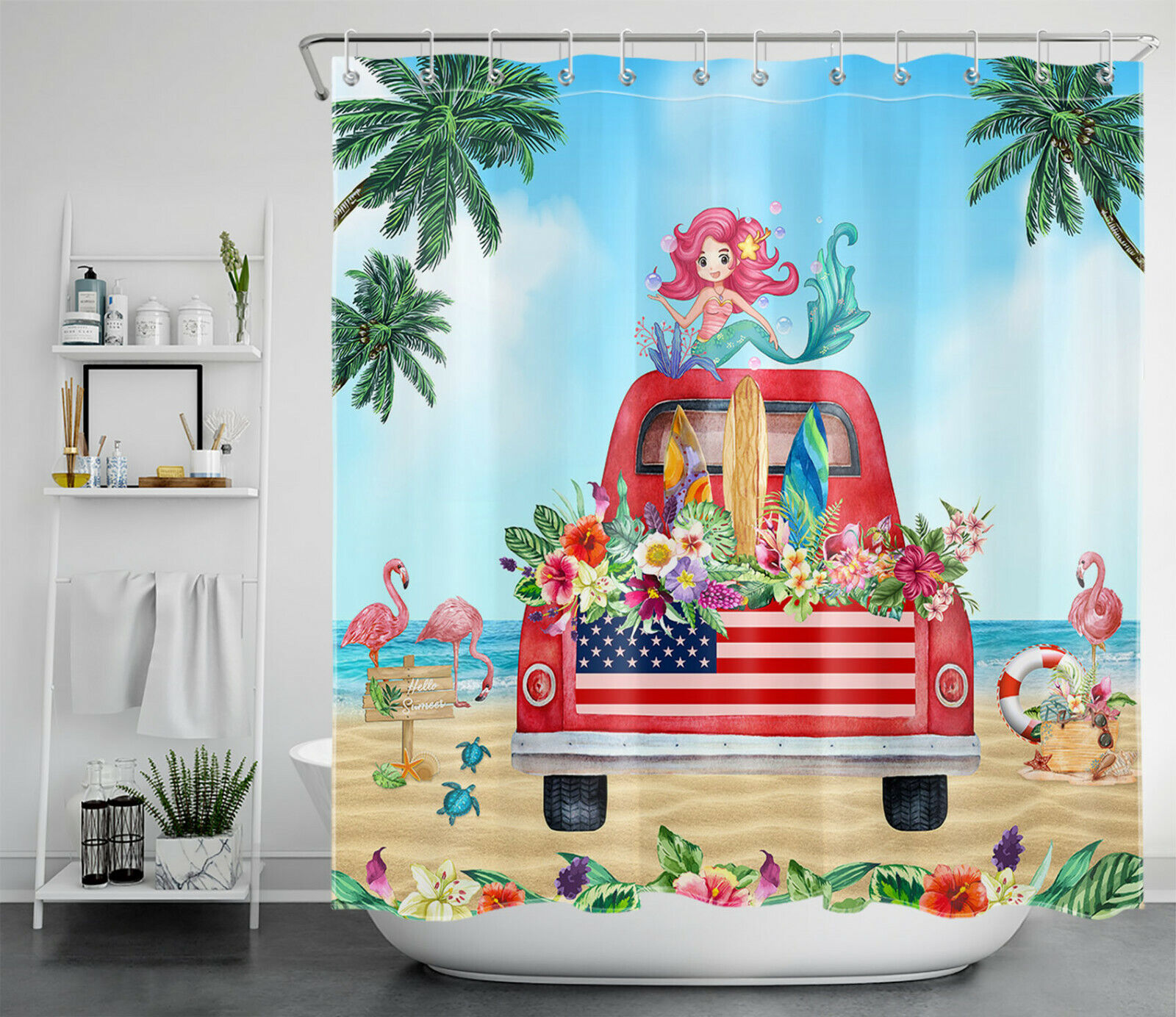 Farm Truck Flower Shower Curtain, Beachy And Fun Bathroom Decor - Image 2