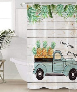 Farm Vintage Truck Fineapple Palm Leaves Shower Curtain, Tropical Bathroom Decor