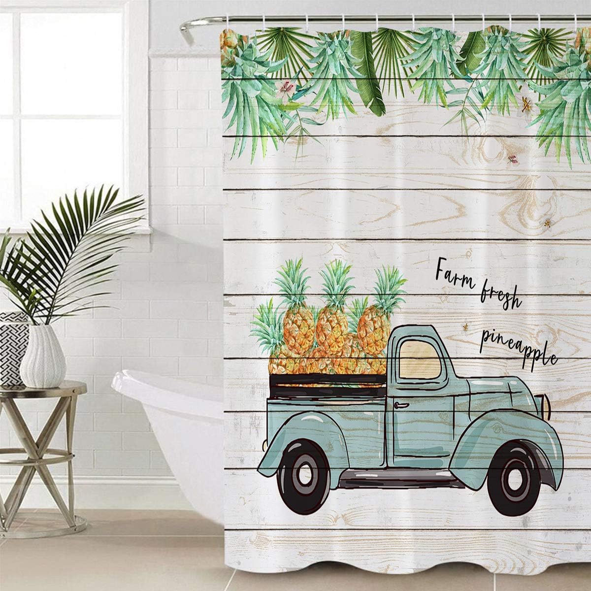 Farm Vintage Truck Fineapple Palm Leaves Shower Curtain, Tropical Bathroom Decor