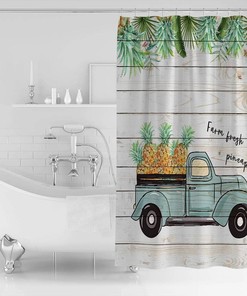 Farm Vintage Truck Fineapple Palm Leaves Shower Curtain, Tropical Bathroom Decor