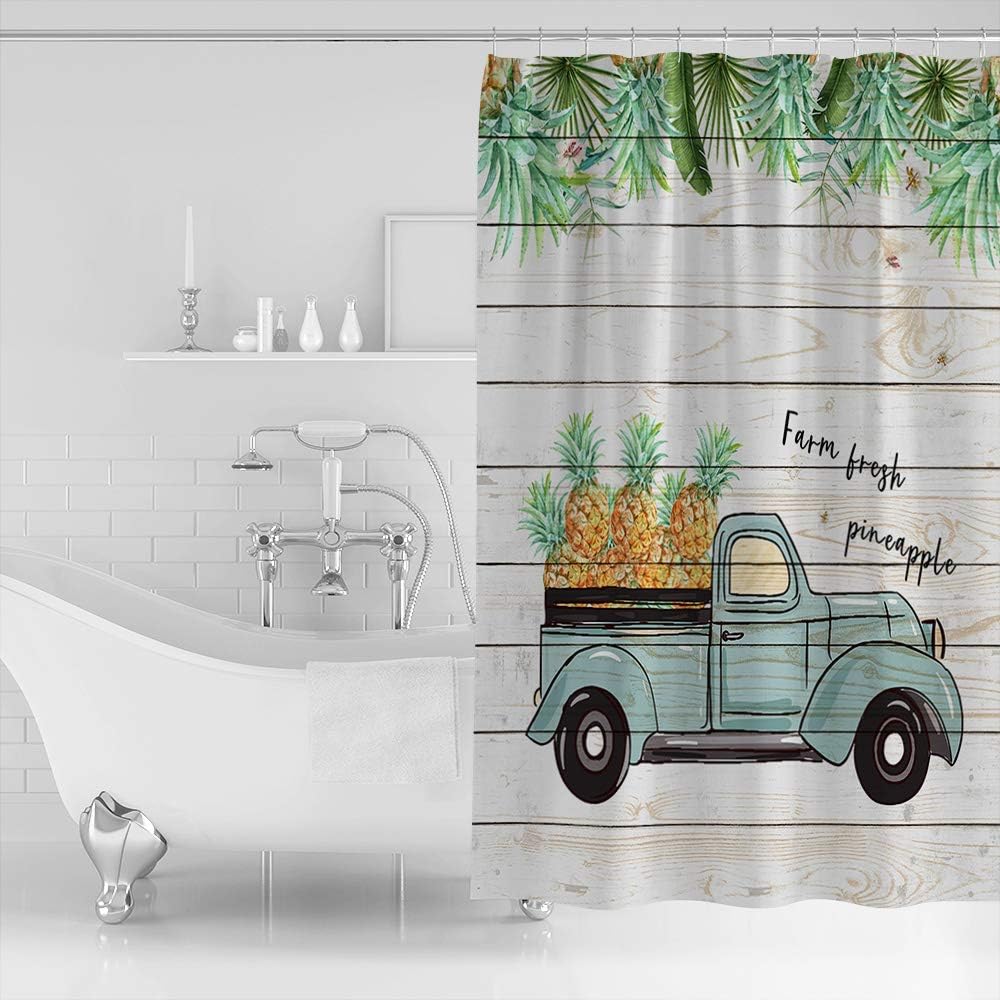 Farm Vintage Truck Fineapple Palm Leaves Shower Curtain, Tropical Bathroom Decor