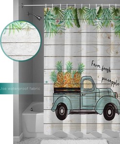 Farm Vintage Truck Fineapple Palm Leaves Shower Curtain, Tropical Bathroom Decor