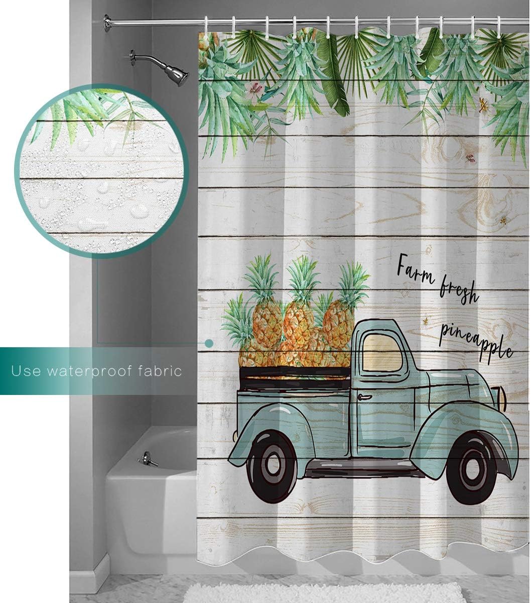Farm Vintage Truck Fineapple Palm Leaves Shower Curtain, Tropical Bathroom Decor