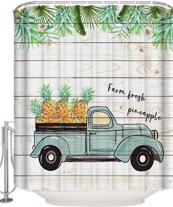 Farm Vintage Truck Fineapple Palm Leaves Shower Curtain, Tropical Bathroom Decor
