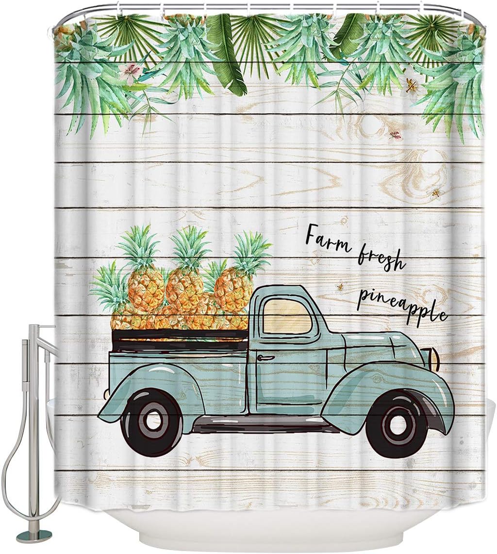 Farm Vintage Truck Fineapple Palm Leaves Shower Curtain, Tropical Bathroom Decor