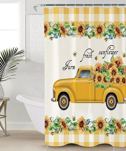 Farm Vintage Yellow Truck Lemon Sunflowers Shower Curtain, Buffalo Plaid Bathroom Decor