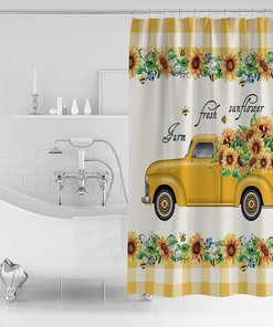 Farm Vintage Yellow Truck Lemon Sunflowers Shower Curtain, Buffalo Plaid Bathroom Decor