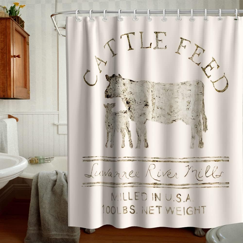Farmhouse Abstract Animal Cattle Feed Cow Rustic Theme Fabric Shower Curtain Bathroom Decors