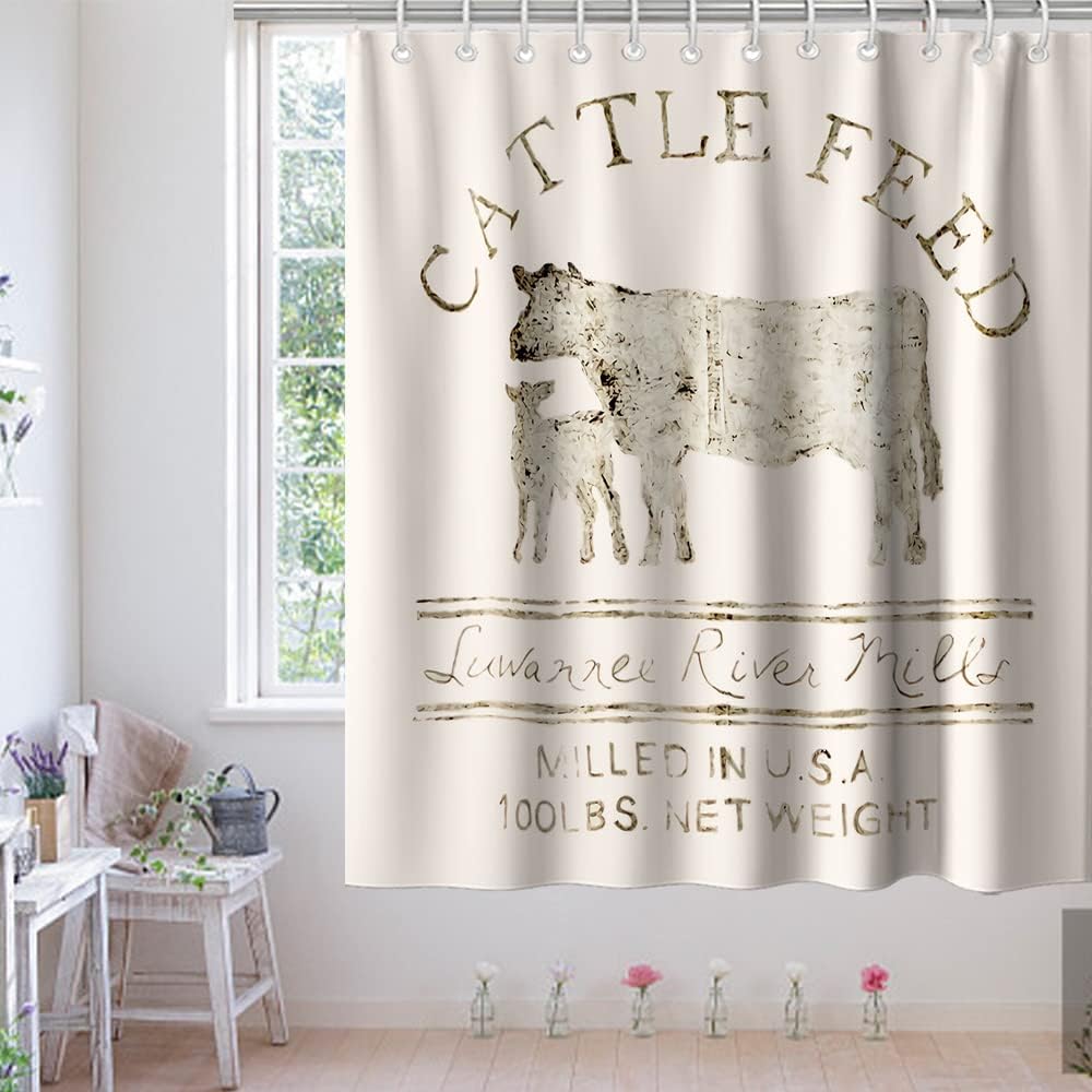 Farmhouse Abstract Animal Cattle Feed Cow Rustic Theme Fabric Shower Curtain Bathroom Decors
