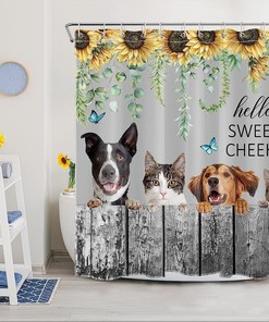 Farmhouse Animal Shower Curtain with Funny Dog and Cat on Sunflower and Leaf Fence