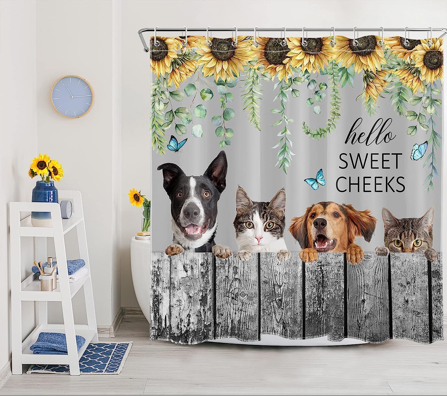 Farmhouse Animal Shower Curtain with Funny Dog and Cat on Sunflower and Leaf Fence