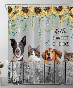 Farmhouse Animal Shower Curtain with Funny Dog and Cat on Sunflower and Leaf Fence