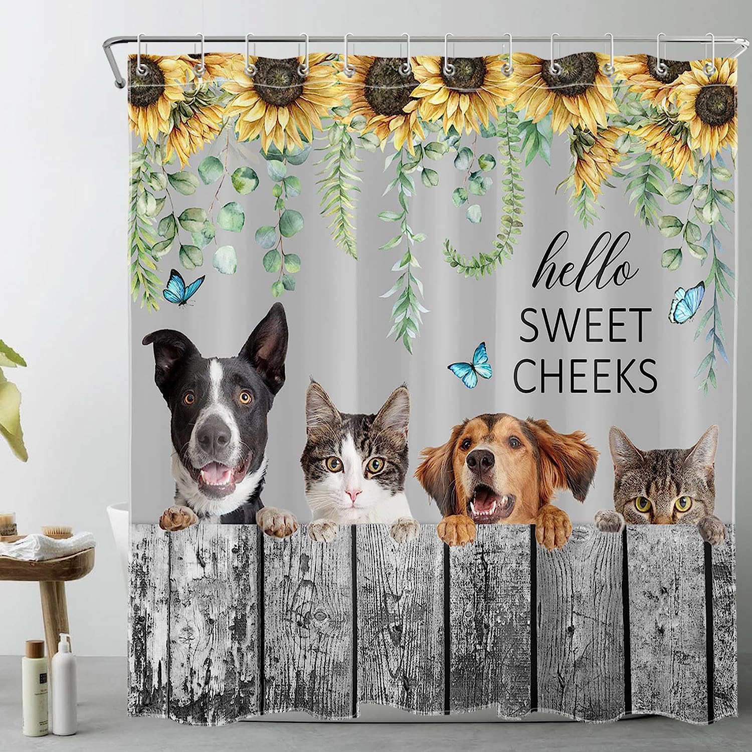 Farmhouse Animal Shower Curtain with Funny Dog and Cat on Sunflower and Leaf Fence