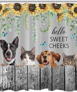 Farmhouse Animal Shower Curtain with Funny Dog and Cat on Sunflower and Leaf Fence