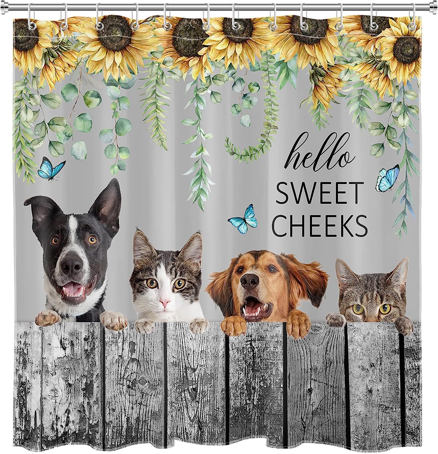 Farmhouse Animal Shower Curtain with Funny Dog and Cat on Sunflower and Leaf Fence