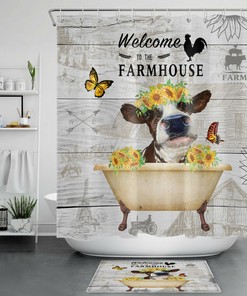 Farmhouse Animals Cow Sunflower Cock Butterfly Shower Curtain With A Charming And Rustic Design For Your Bathroom Decor 