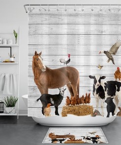 Farmhouse Art Shower Curtain Rustic Board Horse Cow Animal Bathroom Decor