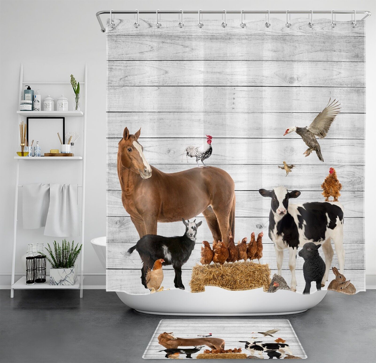 Farmhouse Art Shower Curtain Rustic Board Horse Cow Animal Bathroom Decor