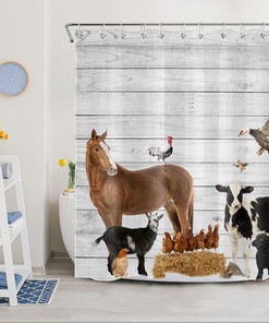 Farmhouse Art Shower Curtain Rustic Board Horse Cow Animal Bathroom Decor