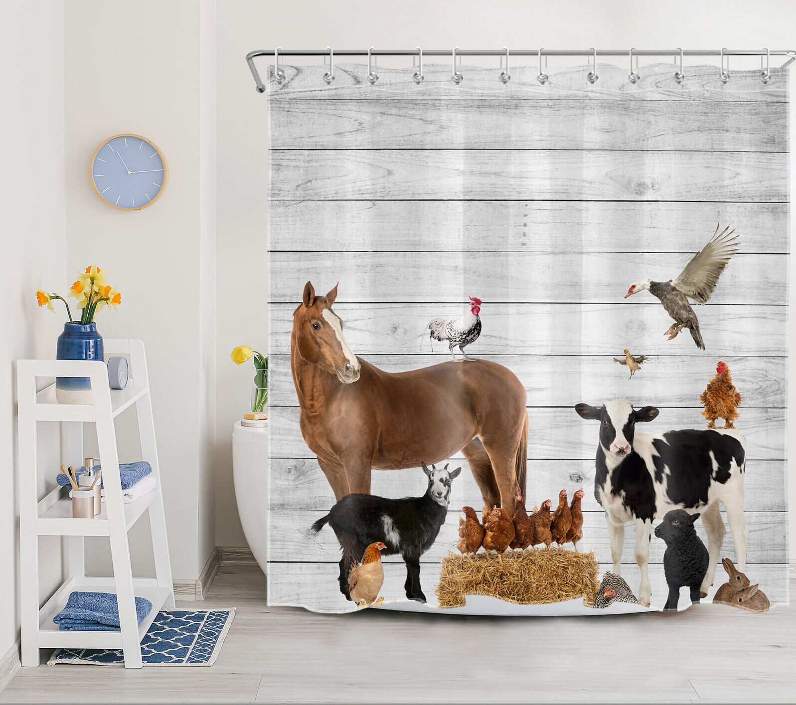 Farmhouse Art Shower Curtain Rustic Board Horse Cow Animal Bathroom Decor