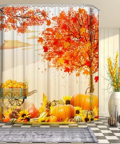 Farmhouse Autumn Shower Curtain, Fall Pumpkins And Maple Leaves Print Bathroom Decor, Beifivcl
