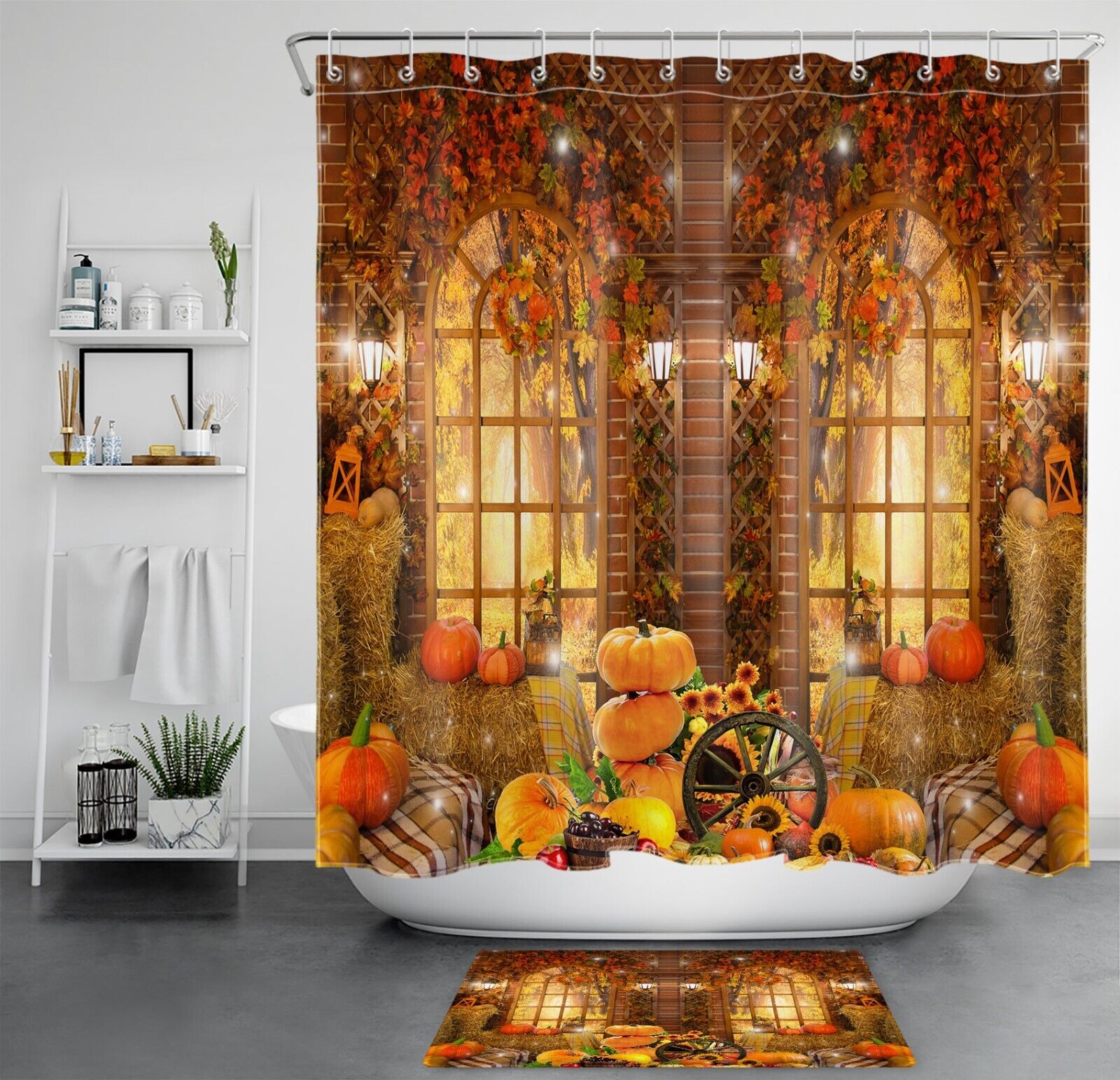 Farmhouse Barn Pumpkin Thanksgiving Fall Shower Curtain Bathroom Accessories