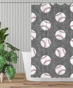 Farmhouse Baseball Shower Curtain Grey Bath Decor Fabric