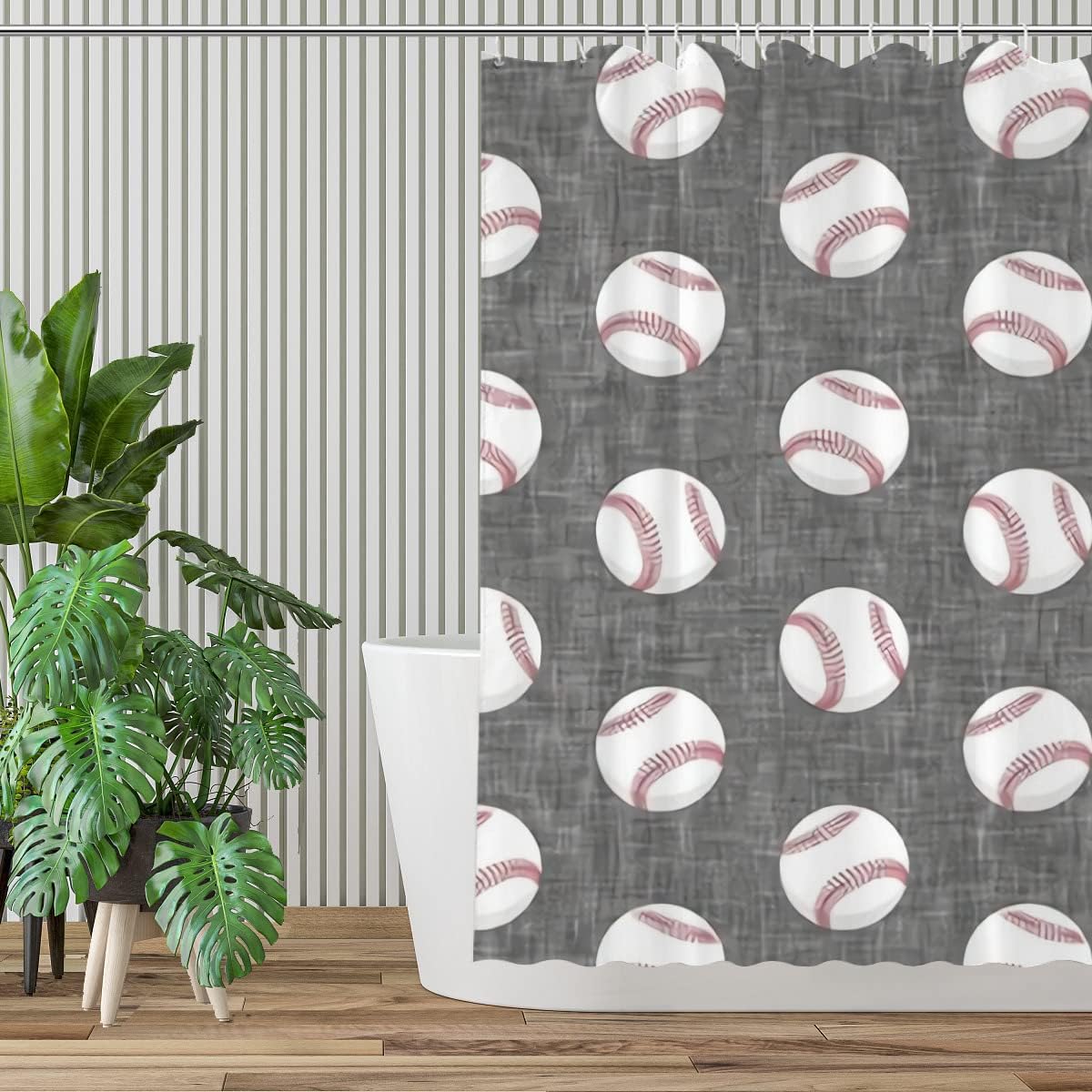Farmhouse Baseball Shower Curtain Grey Bath Decor Fabric