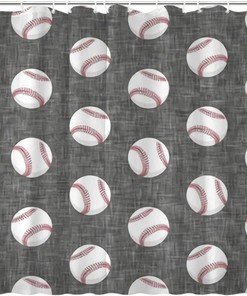 Farmhouse Baseball Shower Curtain Grey Bath Decor Fabric