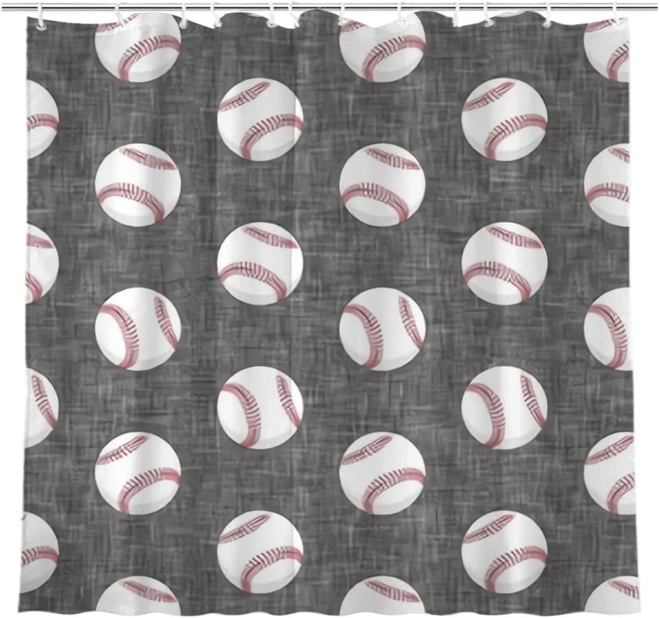 Farmhouse Baseball Shower Curtain Grey Bath Decor Fabric