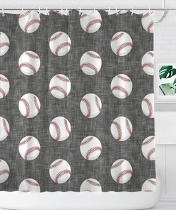 Farmhouse Baseball Shower Curtain Grey Bath Decor Fabric