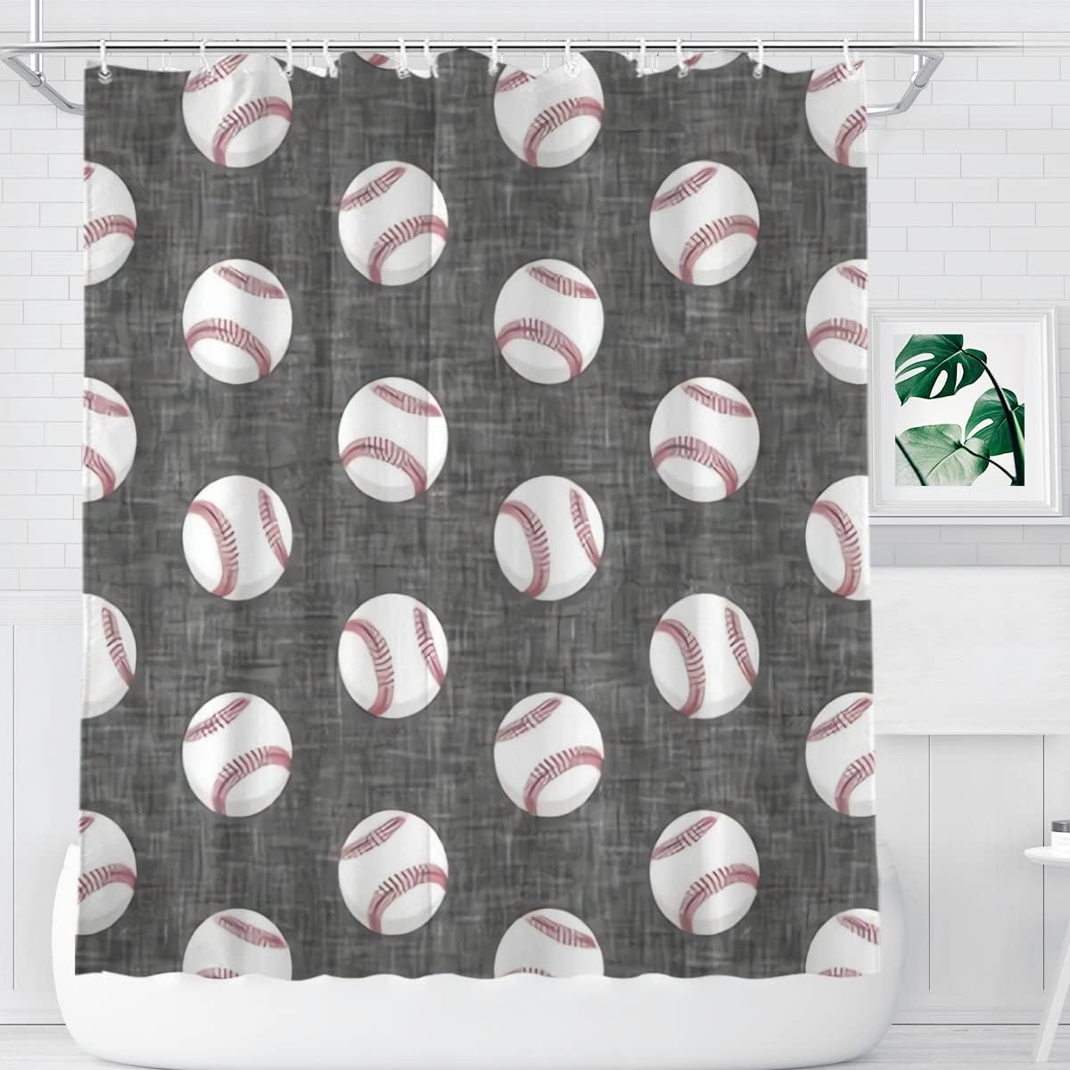 Farmhouse Baseball Shower Curtain Grey Bath Decor Fabric