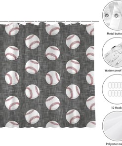 Farmhouse Baseball Shower Curtain Grey Bath Decor Fabric