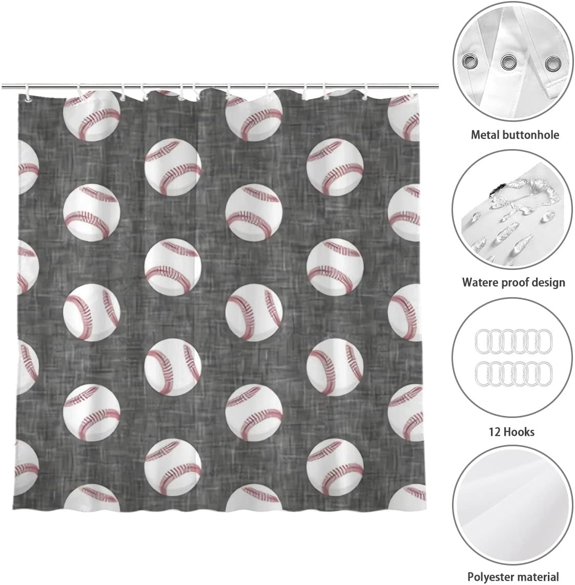 Farmhouse Baseball Shower Curtain Grey Bath Decor Fabric
