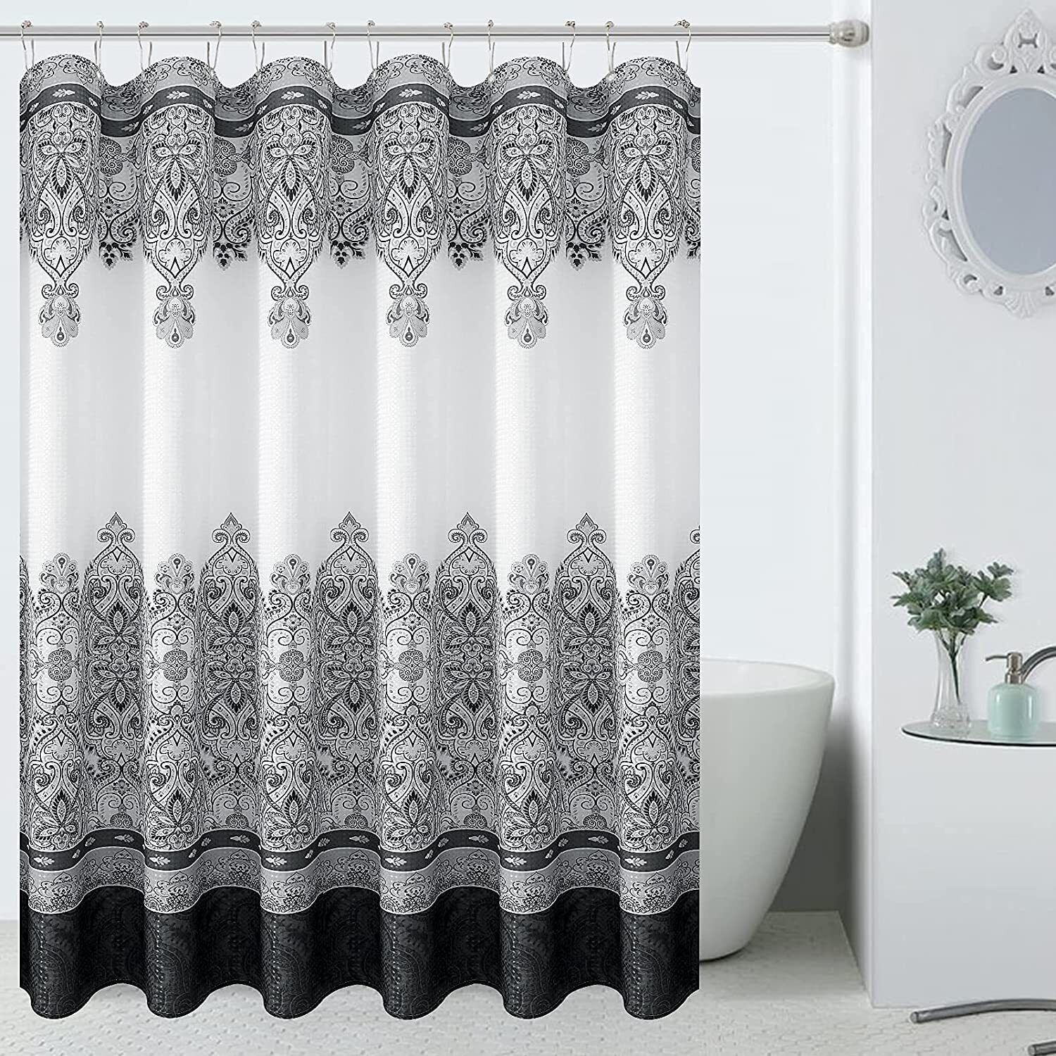 Farmhouse Boho Shower Curtain - Black And White Moroccan Bathroom Decor - Image 2