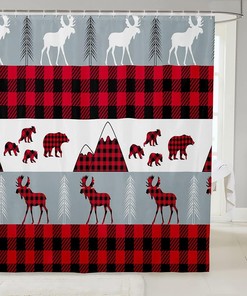Farmhouse Buffalo Check Moose Print Shower Curtain for Bathroom