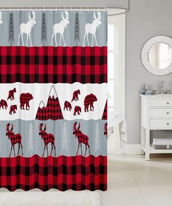 Farmhouse Buffalo Check Moose Print Shower Curtain for Bathroom