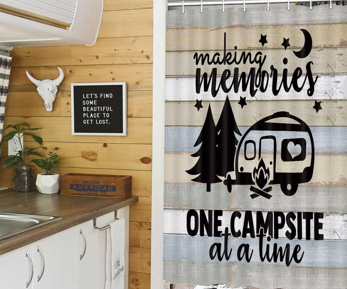Farmhouse Camping Shower Curtain, Camper RV Trailer Bathroom Decor