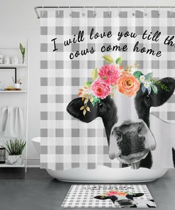 Farmhouse Chic Grey White Checkered Farm Cow Spring Flowers Shower Curtain